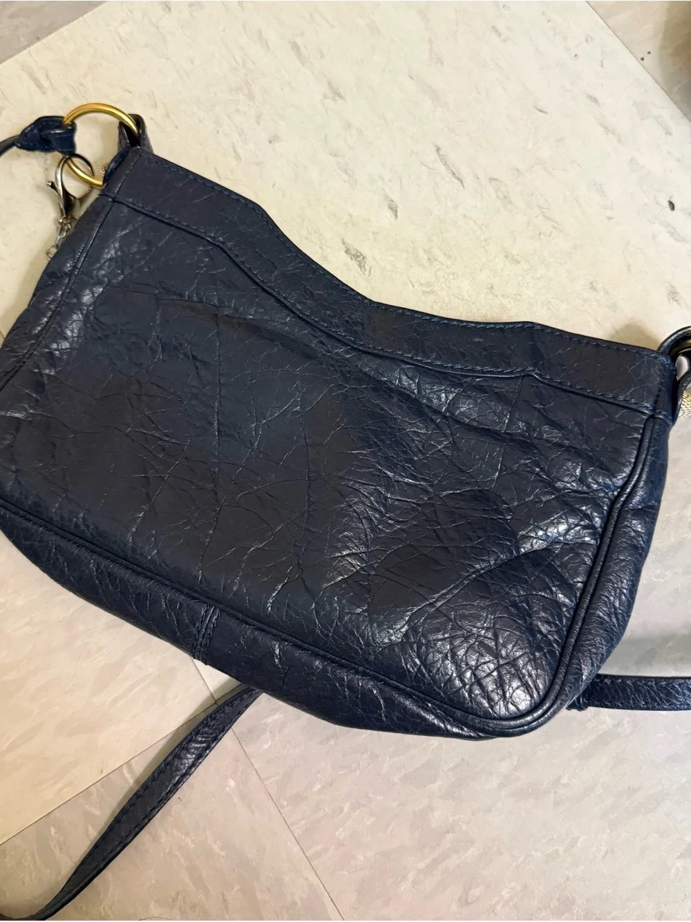 Authentic Balenciaga Navy Leather Crossbody with Gold Hardware Accents